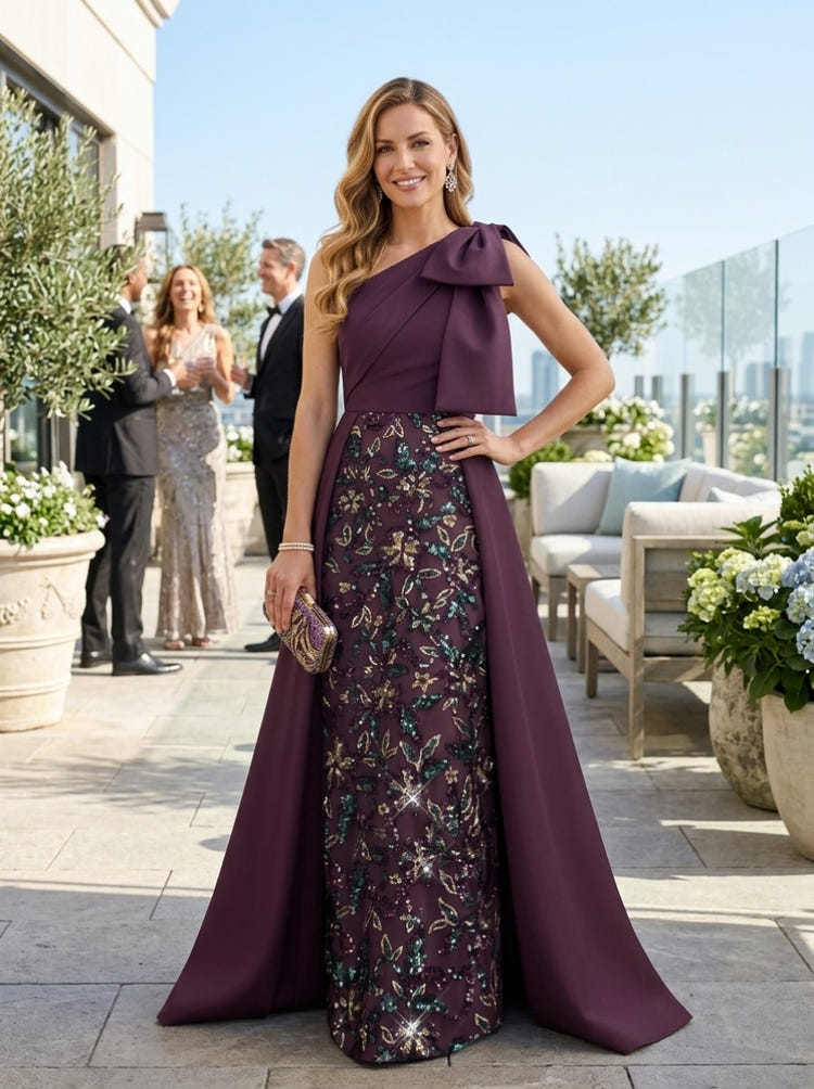 Satin Sheath One Shoulder Mother of the Bride Dresses with Sequin Embroidery