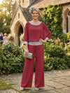 Chiffon Pantsuit Crew Neck Mother of the Bride Pantsuits with Sequin