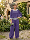 Chiffon Pantsuit Crew Neck Mother of the Bride Pantsuits with Sequin