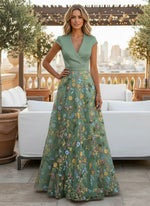 Tulle A-Line V Neck Mother of the Bride Dresses with Floral Embroidery