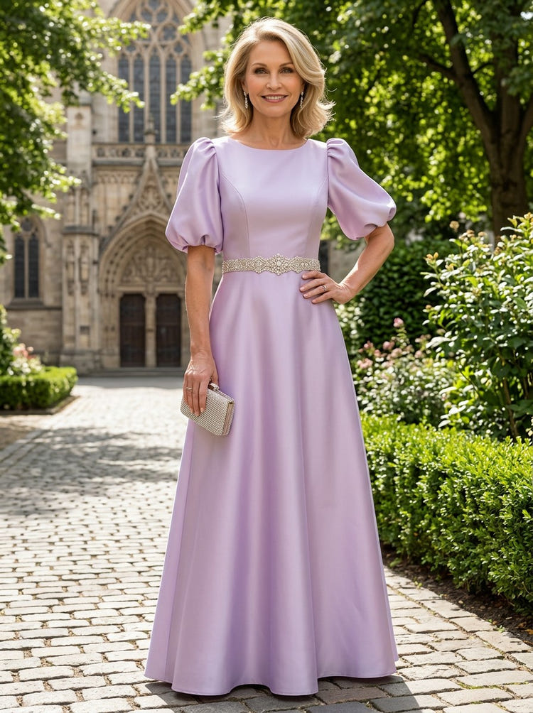 Satin A-Line Crew Neck Mother of the Bride Dresses with Rhinestone