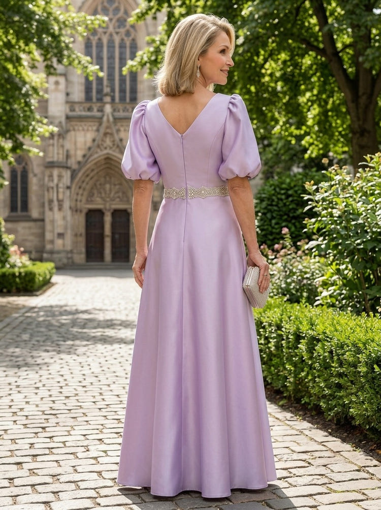 Satin A-Line Crew Neck Mother of the Bride Dresses with Rhinestone