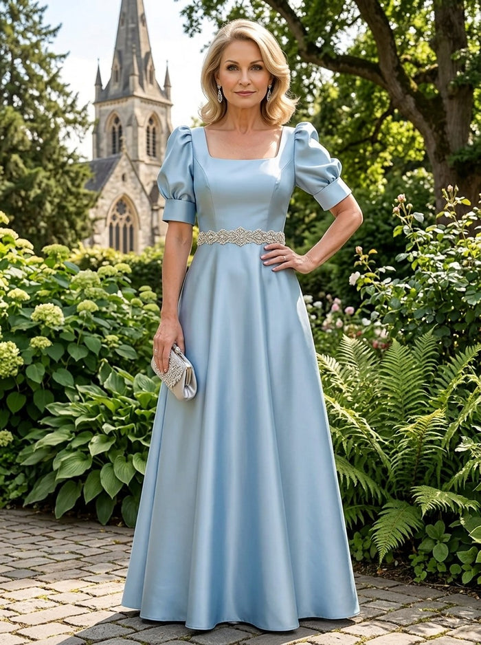 Satin A-Line Square Neck Mother of the Bride Dresses with Rhinestone