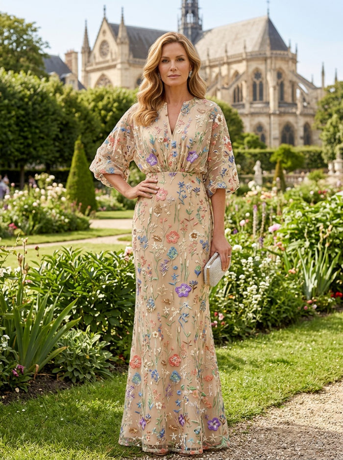Tulle Mermaid V Neck Mother of the Bride Dresses with Floral Embroidery