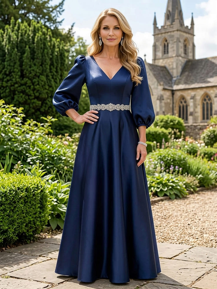 Satin A-Line V Neck Mother of the Bride Dresses with Rhinestone