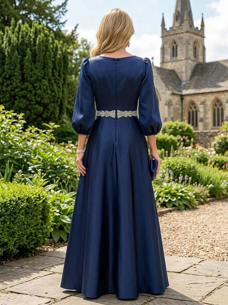 Satin A-Line V Neck Mother of the Bride Dresses with Rhinestone