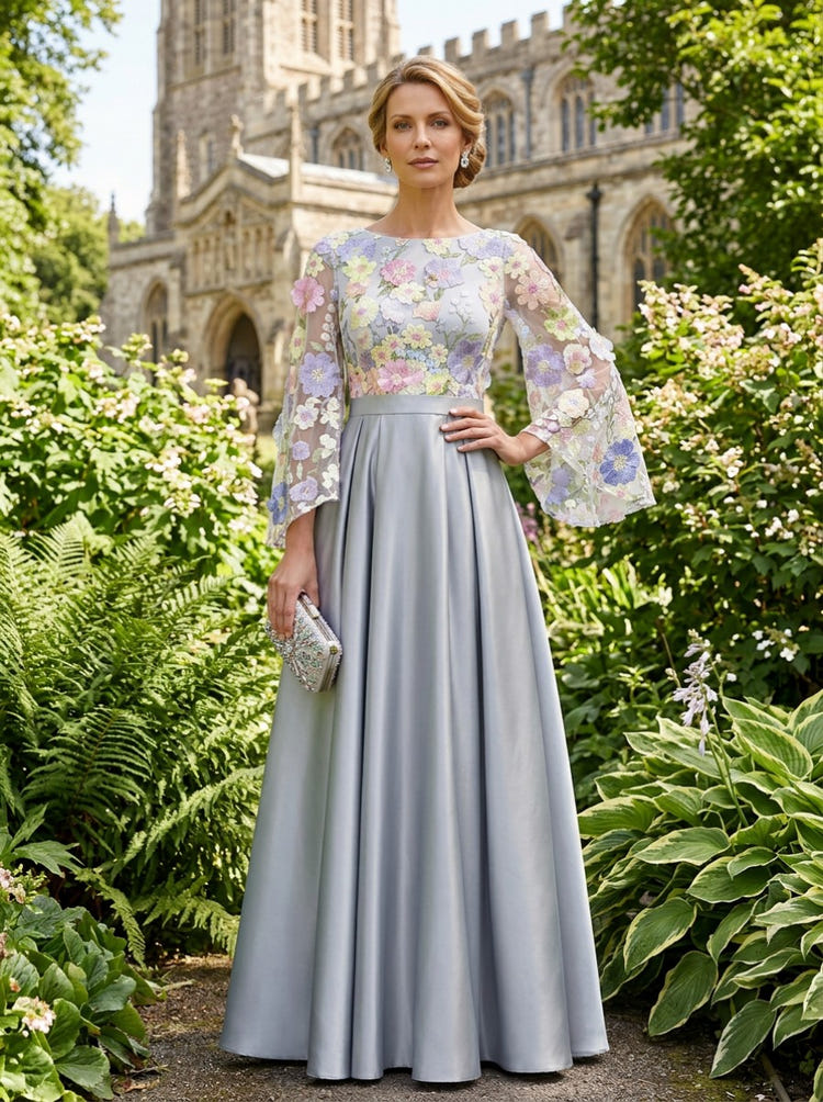 Satin A-Line Crew Neck Mother of the Bride Dresses with Floral Embroidery