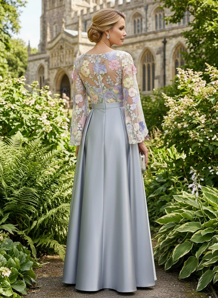 Satin A-Line Crew Neck Mother of the Bride Dresses with Floral Embroidery