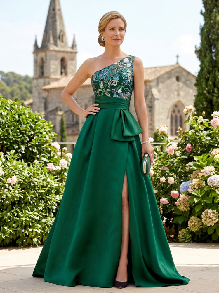 Satin A-Line One Shoulder Mother of the Bride Dresses with Floral Embroidery