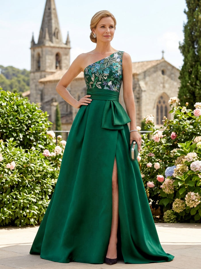 Satin A-Line One Shoulder Mother of the Bride Dresses with Floral Embroidery