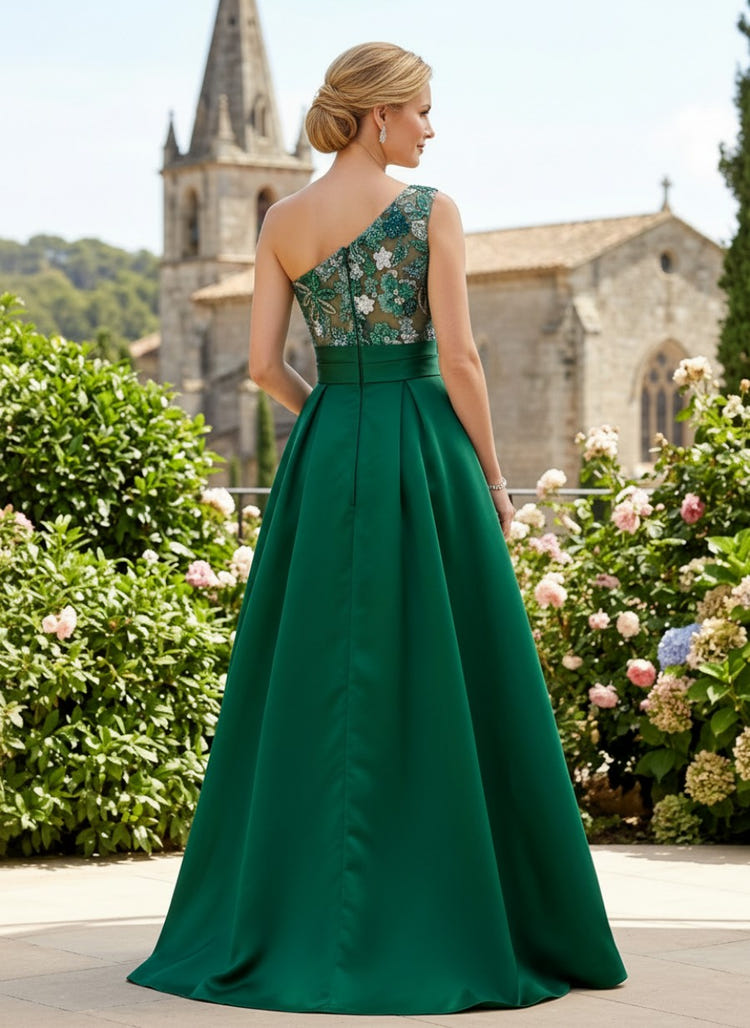 Satin A-Line One Shoulder Mother of the Bride Dresses with Floral Embroidery