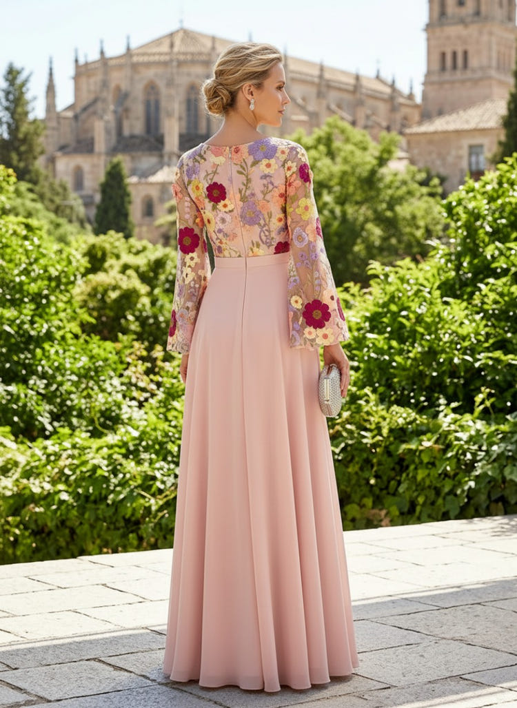 Chiffon A-Line Crew Neck Mother of the Bride Dresses with Floral Embroidery