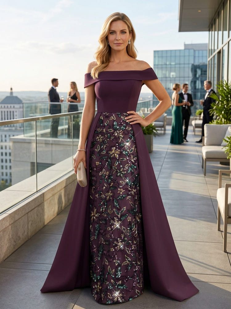 Satin Sheath Off Shoulder Mother of the Bride Dresses with Floral Embroidery