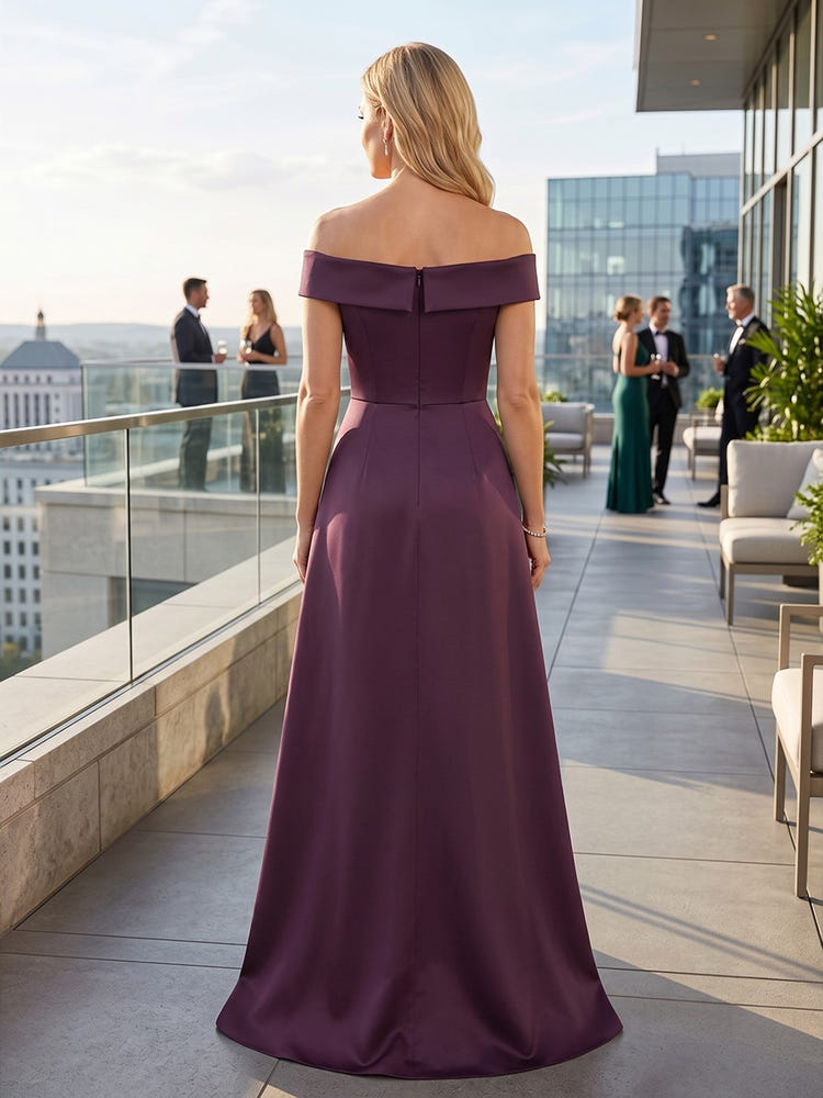 Satin Sheath Off Shoulder Mother of the Bride Dresses with Floral Embroidery