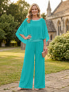 Chiffon Pantsuit Crew Neck Mother of the Bride Pantsuits with Rhinestone