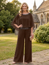 Chiffon Pantsuit Crew Neck Mother of the Bride Pantsuits with Rhinestone