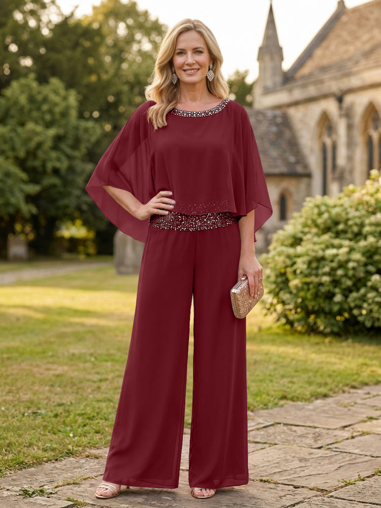 Chiffon Pantsuit Crew Neck Mother of the Bride Pantsuits with Rhinestone