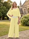 Chiffon Pantsuit Crew Neck Mother of the Bride Pantsuits with Rhinestone