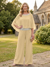 Chiffon Pantsuit Crew Neck Mother of the Bride Pantsuits with Rhinestone