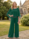Chiffon Pantsuit Crew Neck Mother of the Bride Pantsuits with Rhinestone