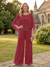 Chiffon Pantsuit Crew Neck Mother of the Bride Pantsuits with Rhinestone