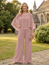 Chiffon Pantsuit Crew Neck Mother of the Bride Pantsuits with Rhinestone