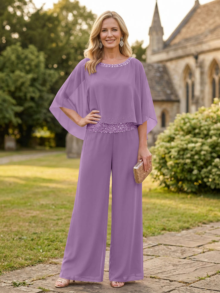 Chiffon Pantsuit Crew Neck Mother of the Bride Pantsuits with Rhinestone