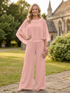 Chiffon Pantsuit Crew Neck Mother of the Bride Pantsuits with Rhinestone