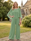 Chiffon Pantsuit Crew Neck Mother of the Bride Pantsuits with Rhinestone