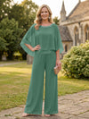 Chiffon Pantsuit Crew Neck Mother of the Bride Pantsuits with Rhinestone