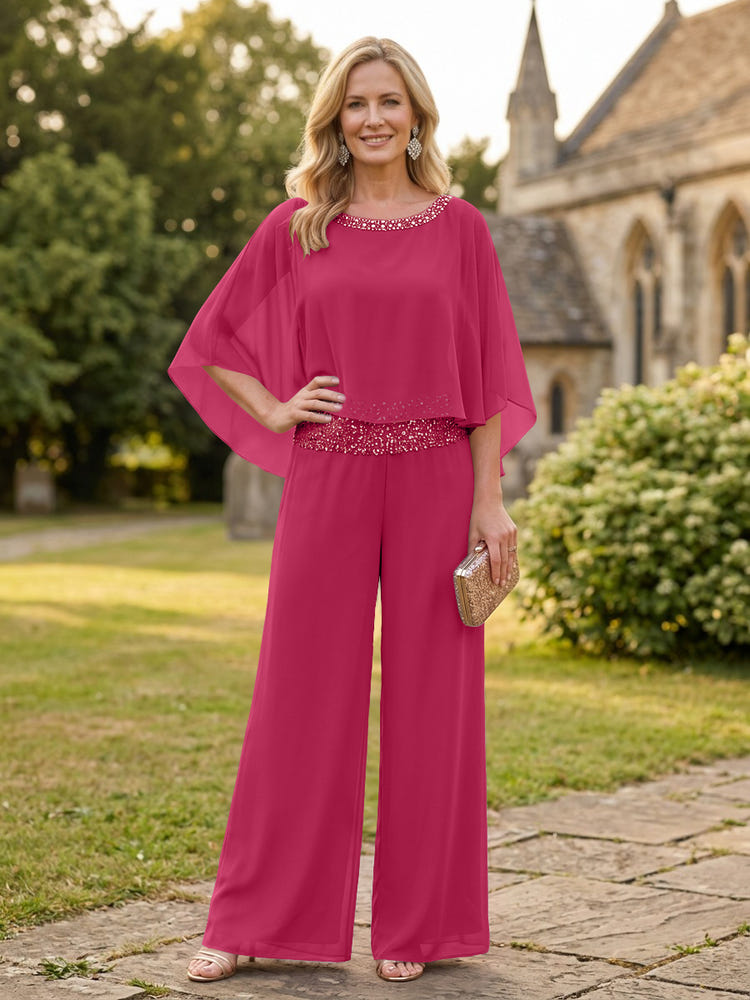 Chiffon Pantsuit Crew Neck Mother of the Bride Pantsuits with Rhinestone