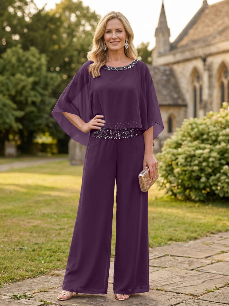 Chiffon Pantsuit Crew Neck Mother of the Bride Pantsuits with Rhinestone
