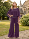 Chiffon Pantsuit Crew Neck Mother of the Bride Pantsuits with Rhinestone