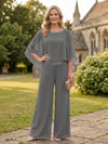 Chiffon Pantsuit Crew Neck Mother of the Bride Pantsuits with Rhinestone