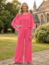 Chiffon Pantsuit Crew Neck Mother of the Bride Pantsuits with Rhinestone