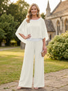 Chiffon Pantsuit Crew Neck Mother of the Bride Pantsuits with Rhinestone