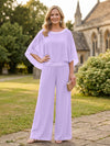 Chiffon Pantsuit Crew Neck Mother of the Bride Pantsuits with Rhinestone