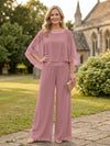Chiffon Pantsuit Crew Neck Mother of the Bride Pantsuits with Rhinestone