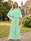 Chiffon Pantsuit Crew Neck Mother of the Bride Pantsuits with Rhinestone