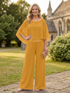 Chiffon Pantsuit Crew Neck Mother of the Bride Pantsuits with Rhinestone