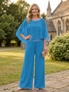 Chiffon Pantsuit Crew Neck Mother of the Bride Pantsuits with Rhinestone
