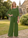 Chiffon Pantsuit Crew Neck Mother of the Bride Pantsuits with Rhinestone