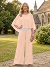 Chiffon Pantsuit Crew Neck Mother of the Bride Pantsuits with Rhinestone