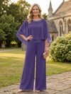 Chiffon Pantsuit Crew Neck Mother of the Bride Pantsuits with Rhinestone