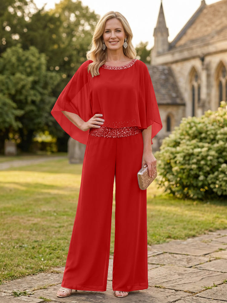Chiffon Pantsuit Crew Neck Mother of the Bride Pantsuits with Rhinestone
