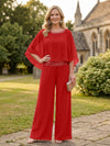 Chiffon Pantsuit Crew Neck Mother of the Bride Pantsuits with Rhinestone