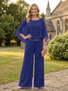 Chiffon Pantsuit Crew Neck Mother of the Bride Pantsuits with Rhinestone