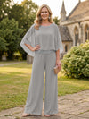 Chiffon Pantsuit Crew Neck Mother of the Bride Pantsuits with Rhinestone
