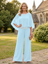 Chiffon Pantsuit Crew Neck Mother of the Bride Pantsuits with Rhinestone