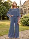 Chiffon Pantsuit Crew Neck Mother of the Bride Pantsuits with Rhinestone